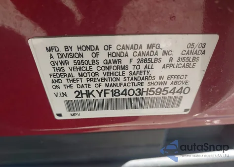 2003 Honda Pilot Ex из США, поврежденный, VIN 2HKYF18403H595440